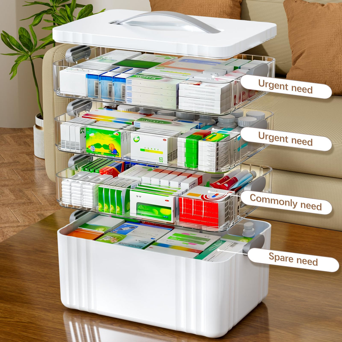 ARSTPEOE 4-Tier Medicine Organizer - Portable Medicine Cabinet with Plastic Handle, Multipurpose Medical Box, Empty First Aid Kit for Home