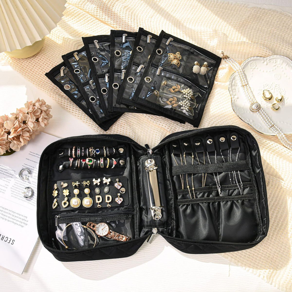 CEELGON Travel Jewelry Case Organizer and Storage Quilted Jewelry Pouch Box for Traveling Ring Necklace Earring Holder with Velvet Jewelry Binder Mini Portable Jewelry Bag (Black)