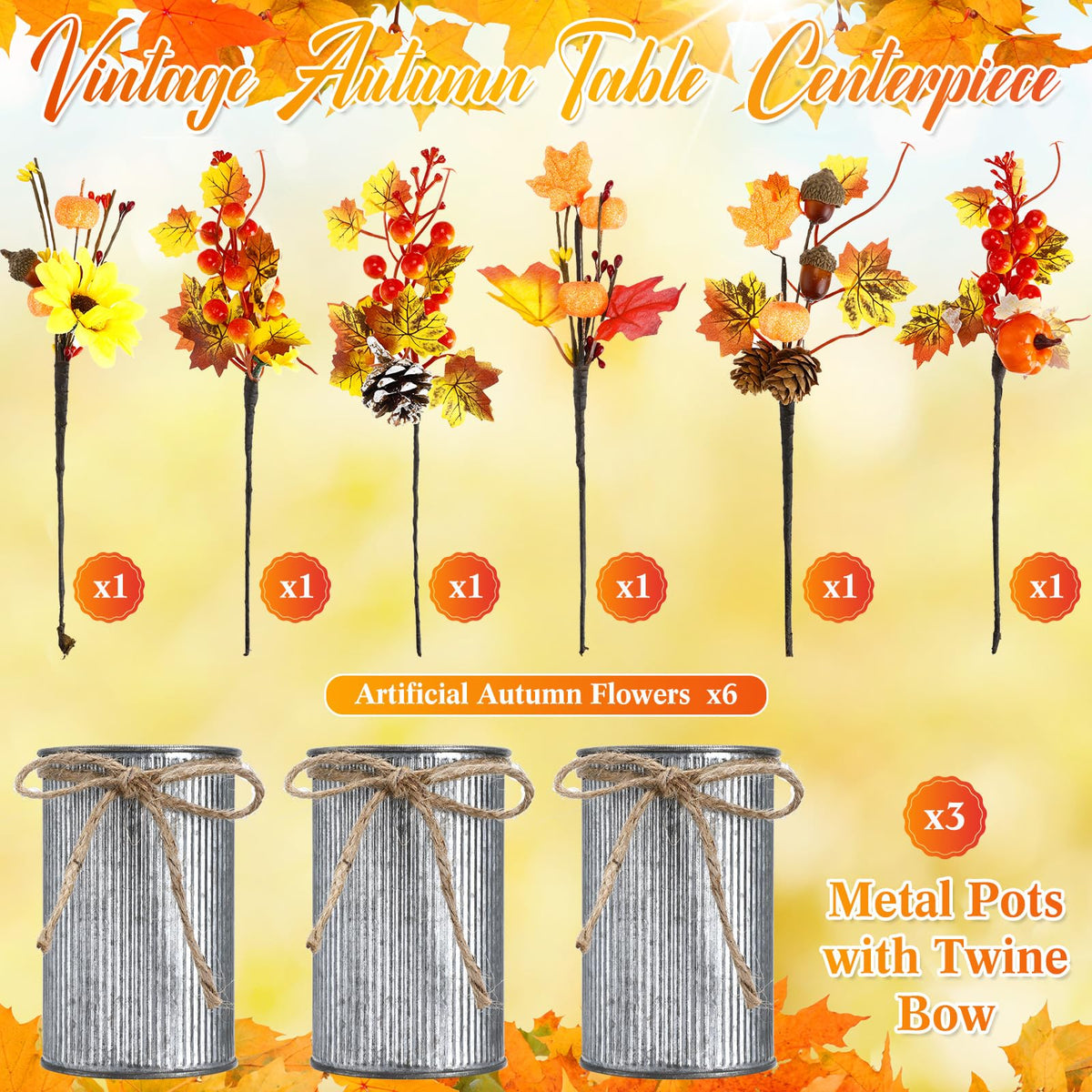 Zeyune 3 Sets Fall Thanksgiving Table Centerpiece Decoration Harvest Artificial Flower Stem Pumpkin Maple Berry Pick with Metal Pot for Autumn Rustic Farmhouse Home Kitchen Dining Indoor Decoration