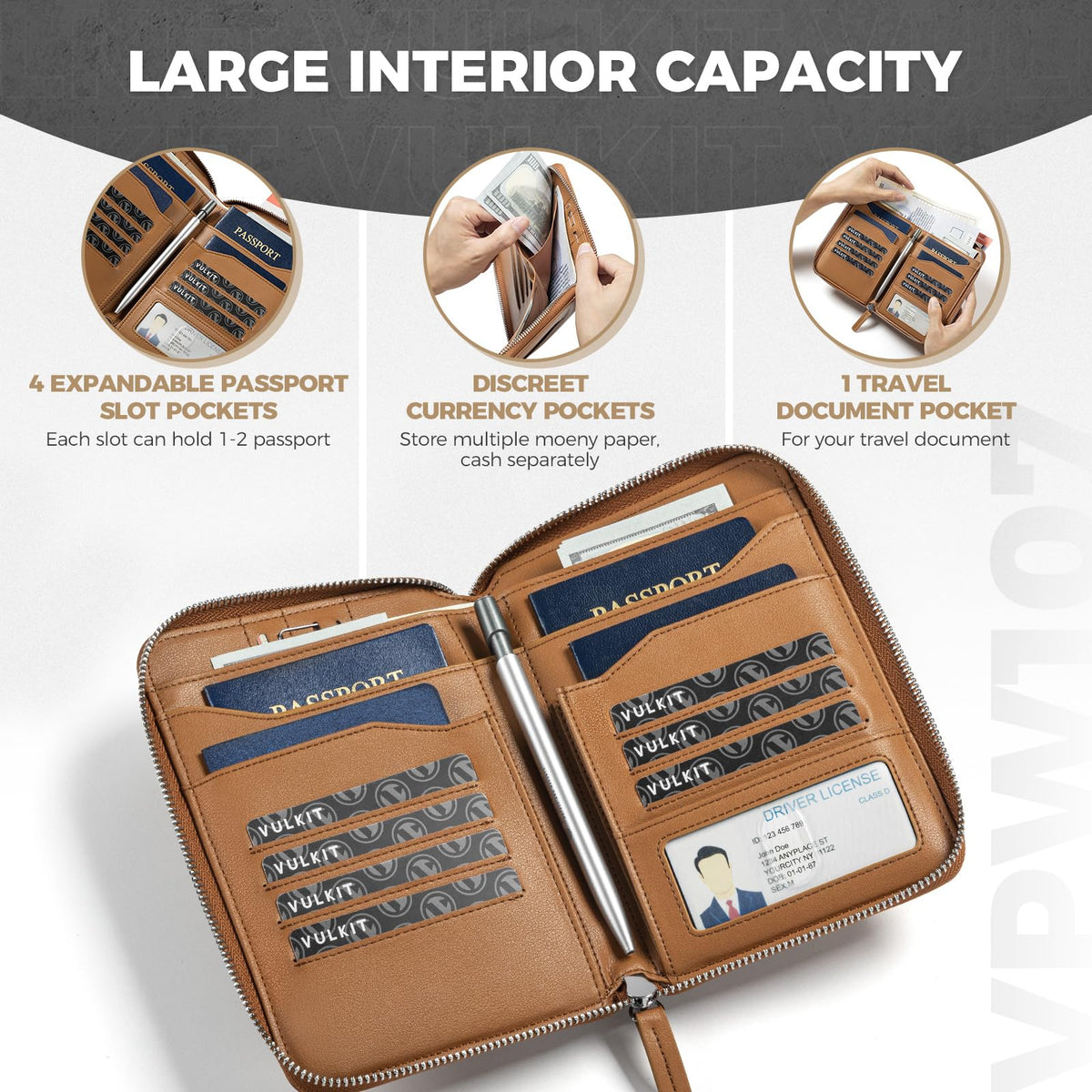 VULKIT Leather Passport Holder for 4-8 Passports Family RFID Blocking Passport Wallet with Zipper Travel Documents Organizer for Men or Women (Brown)