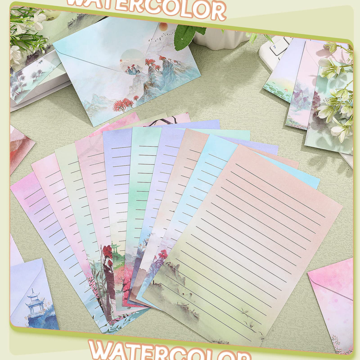 TaoBary 160 Pcs Stationery Paper Set 50 Double Sided Stationery Papers with 50 Matching Envelopes and 60 Round Dot Sticker, 10 Design(Ink Painting,5.5 x 8.25 Inch)