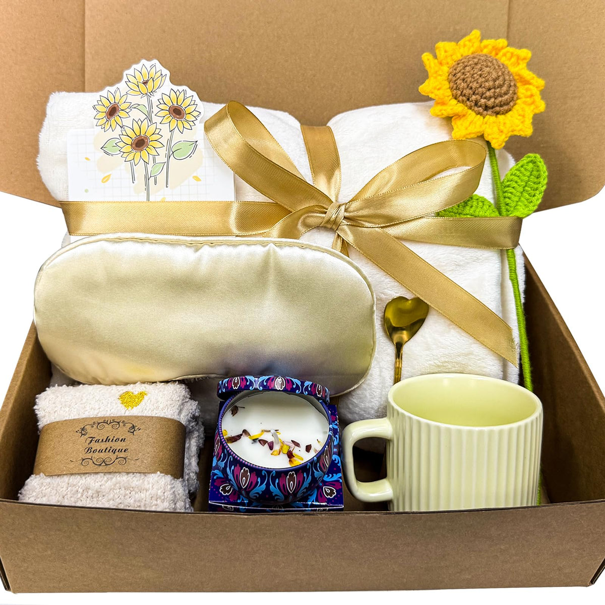 Sunflower Gift Baskets for Women, Self Care Package with Wearable Blanket, Socks, Candle, Mug & Greeting Card - Birthday, Get Well, Thinking of You Gifts for Mom Wife Best Friend - Beige