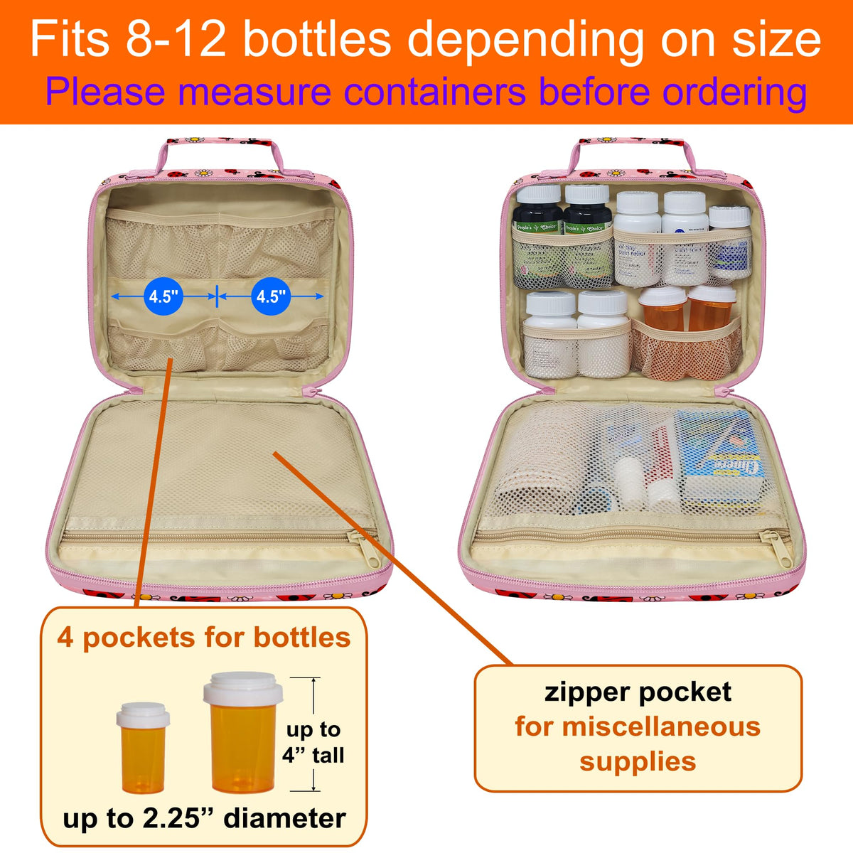 StarPlus2 Medium Travel Pill Bottle Organizer, Child Medicine Bag with Zipper Toy, Carrier for Kids Medications and Medical Supplies - Lady Bugs
