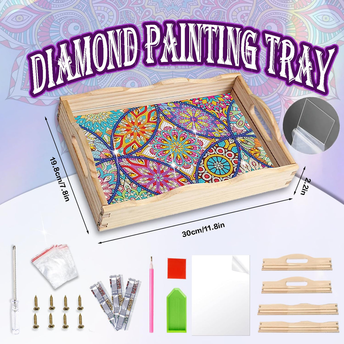 EWJRNSF Diamond Art Kits for Adults Wooden Serving Trays with Handles, 5D Diamond Painting Big Gem Arts and Craft Gifts Trays Decor Gift Home Decor 7.8x11.8 Inches Mandala A