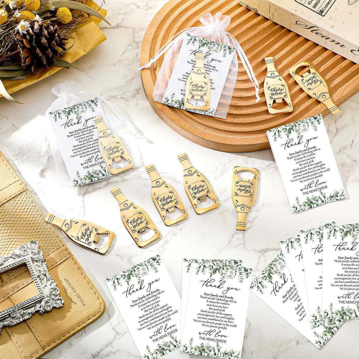 Suclain 50 Sets Wedding Favors for Guests Bulk Wedding Souvenirs Include Cheers to Love Bottle Openers Thank You Cards and Organza Bags Bridal Shower Gifts Decorations