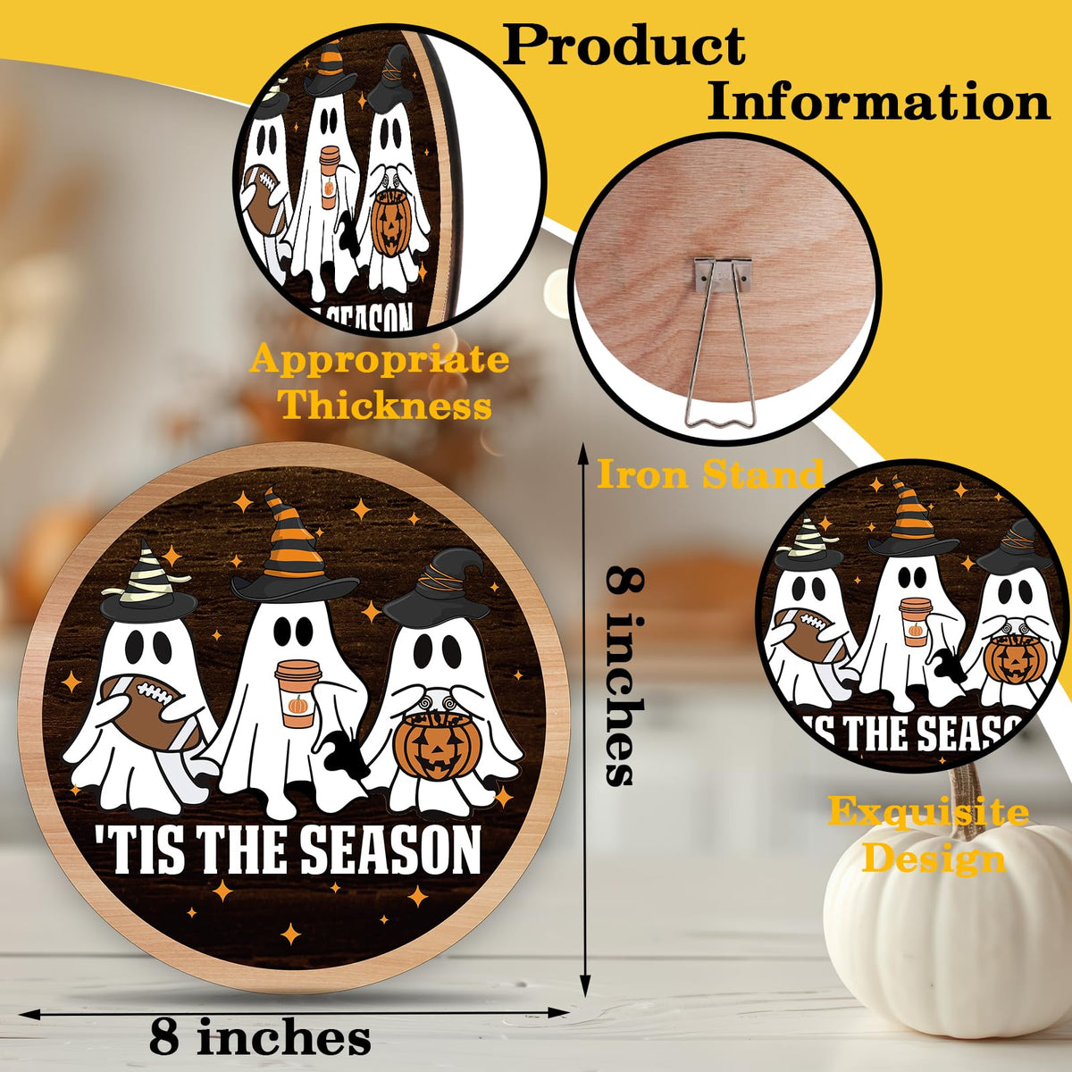 OXRUN Halloween Desk Decorations, Spooky Party Gifts for Women Men Friends, Fall Ghost Decorative Wooden Sign for Home Bedroom Living Room Table Shelf 8 Inches - B08