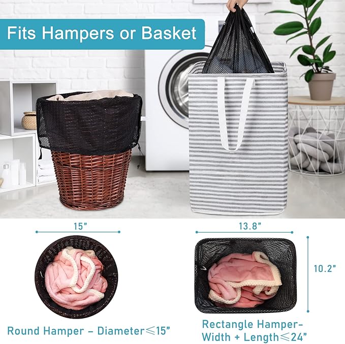 Polecasa Heavy Duty Large Mesh Laundry Bags with ID Tag and Locking Drawstring Closure - 2 Pack, 24 x 36 inches - Laundry Hamper Liner, Washable Laundry Bag for Travel, Sports, Dorms (Black)