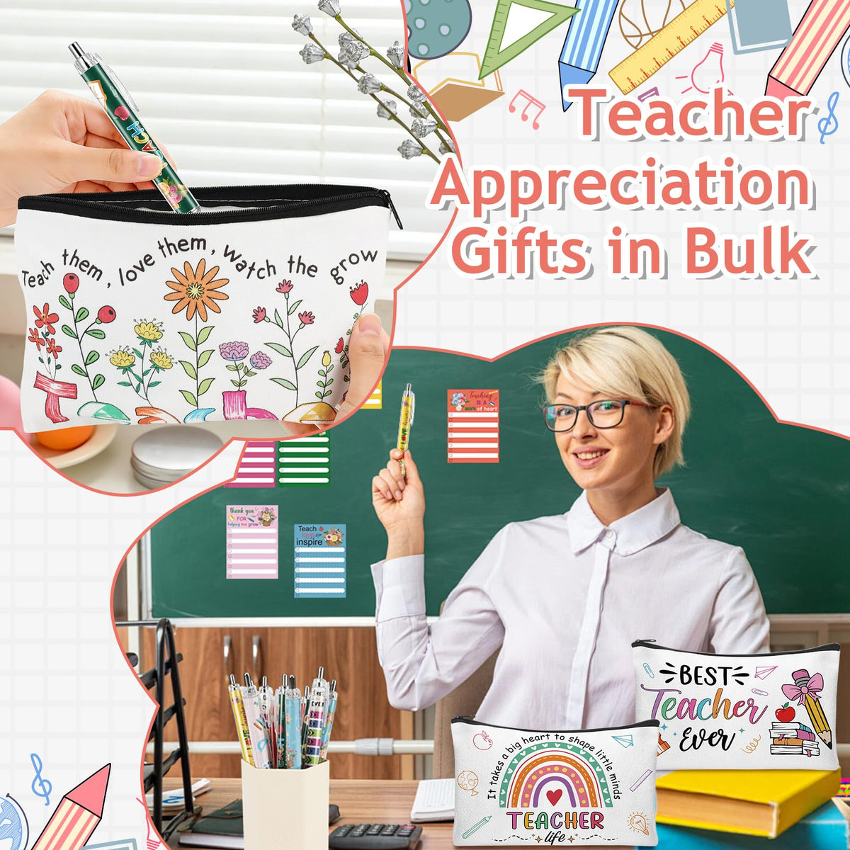 Lebsitey 48 Pcs Teacher Appreciation Gifts In Bulk Teacher Survival Kit Makeup Bags,Sticky Notepads and Pens Thank You Gifts for Coworker Employee Teacher’s Day Office Supplies
