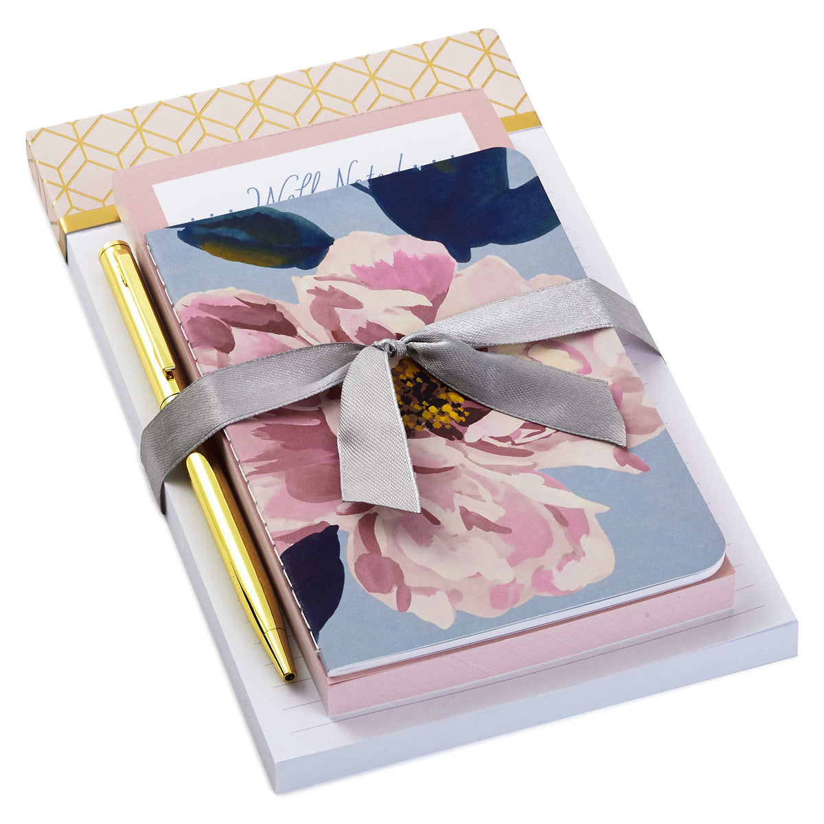 Hallmark Notepad Bundle with Pen, Pretty Pinks (3 Notepads in Assorted Sizes with Gold Pen)