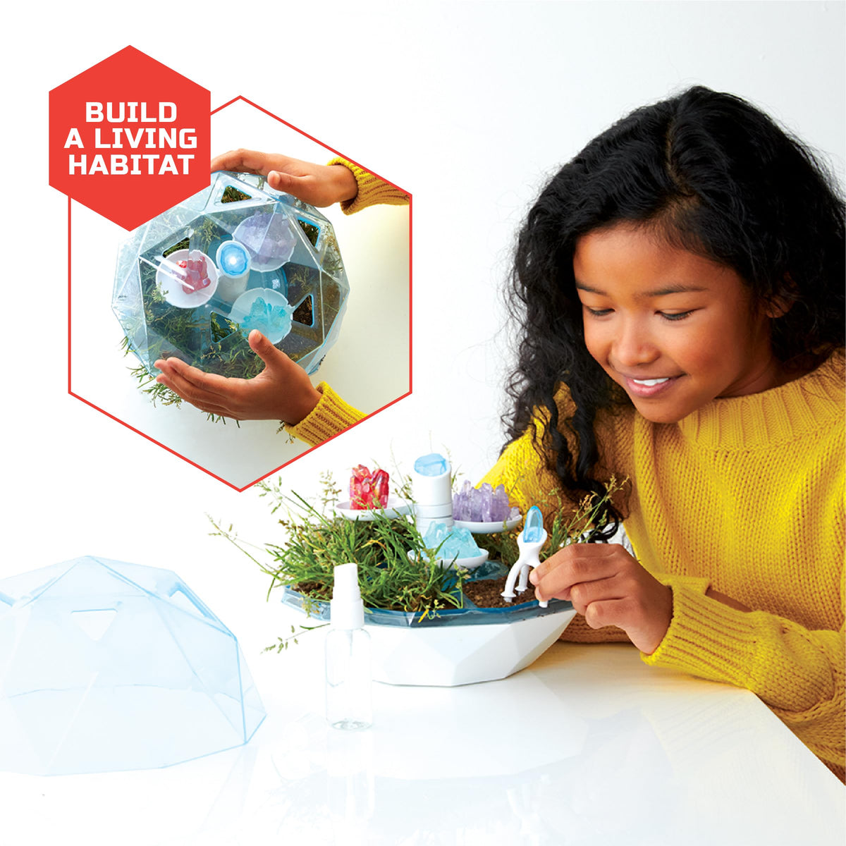 Discovery™ DIY Light-Up LED Terrarium - Plants & Crystals Geodome Grow Kit, 3 Colorful Crystal Formations, Rye Grass, Education STEM Activity Set, Indoor Science Experiment, Chemistry Gift