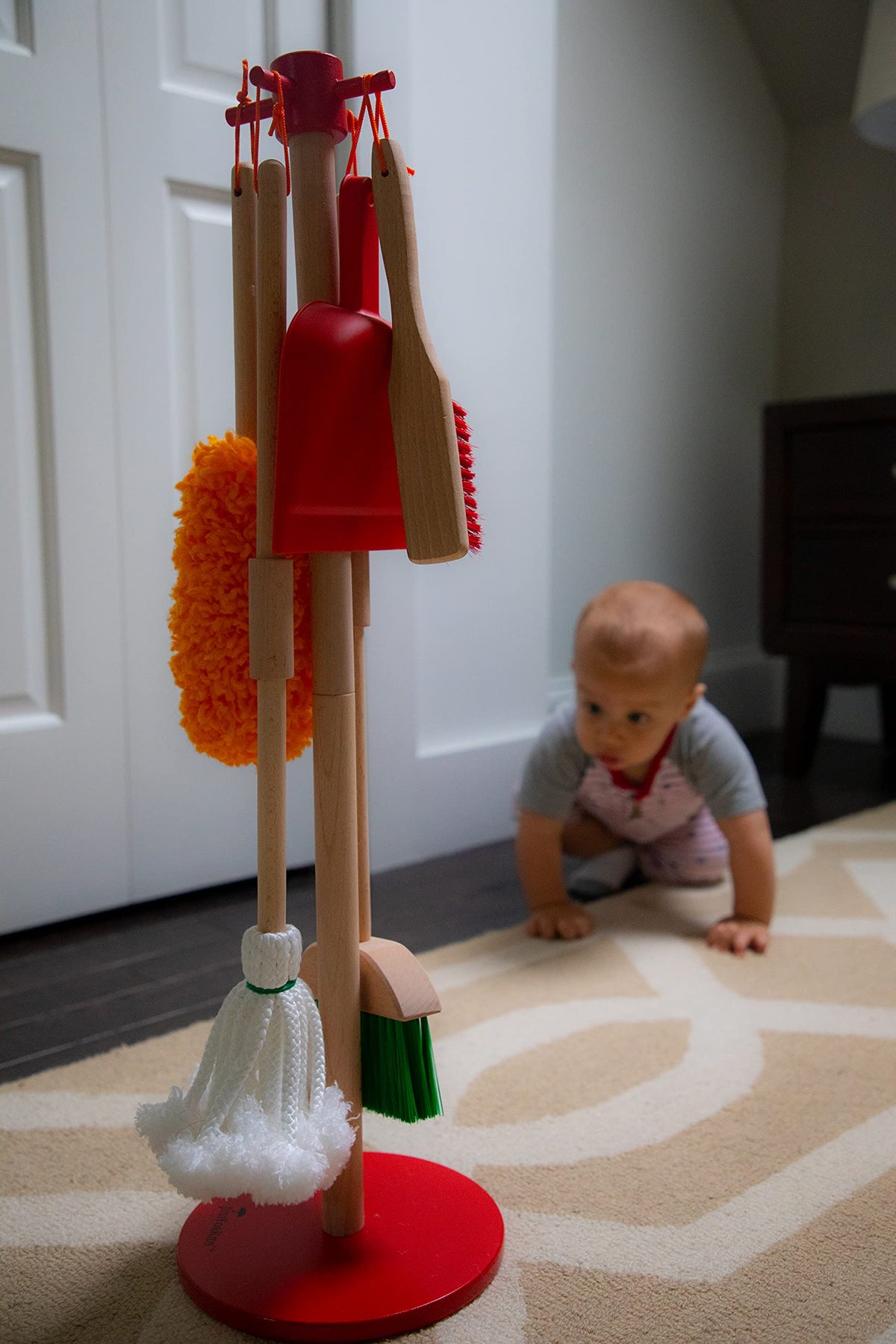 JustForKids Wooden Detachable Kids Cleaning Set - Duster, Brush, Mop, Broom and Hanging Stand Play - Housekeeping Kit - STEM Toys for Toddlers Girls & Boys, Total 6 Pieces,Multi Color,10071