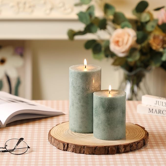 3x6 inch Green Pillar Candles Set of 3, Unscented Pillar Candle, Dripless and Smokeless Large Candles, Candle for Home Decor, Dinner Table,Weddings, Holidays