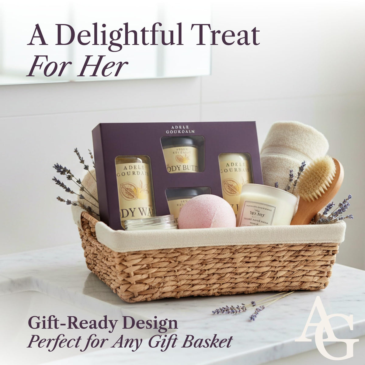 Adelegourdain Self Care Kit Woman - 4pcs Citrus Scent - Bath and Body Care Gift Basket for Women - Personal Care Spa Care Package with Body Wash, Lotion, Scrub & Butter, Birthday Gifts for Her
