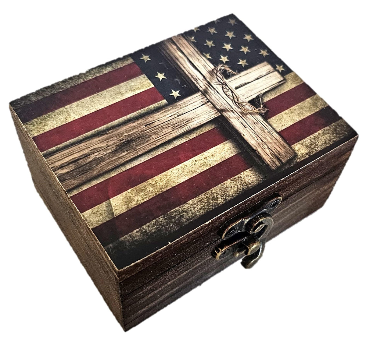 Patriotic Cross American Flag Trinket Box Rosary Jewelry Keepsake Box | US Flag Treasure Box, Patriot Gifts for Men Women Girls Gift Idea, Prayer, First Communion Box, Gifts for Home Décor (3USS)