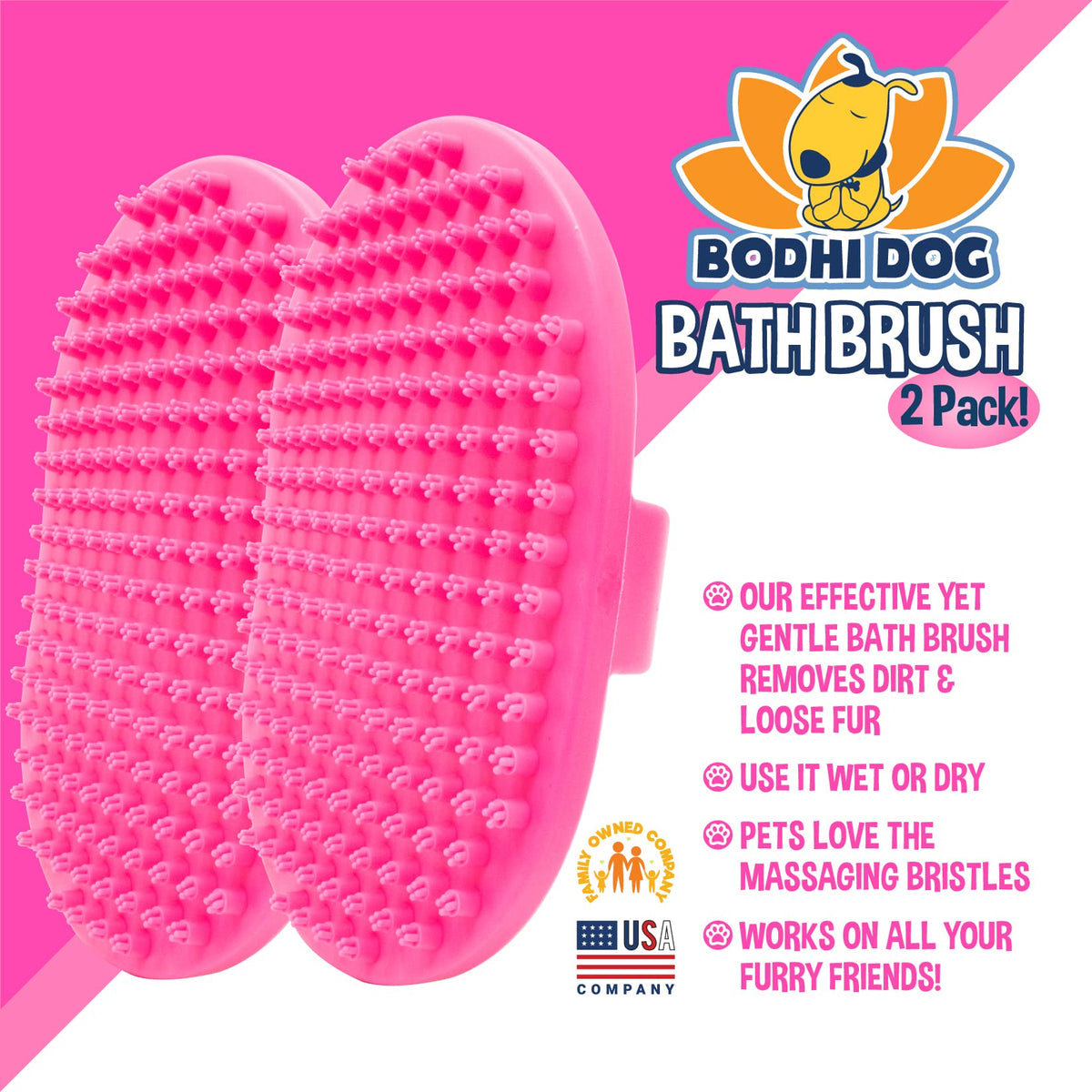 Bodhi Dog Shampoo Brush - Pet Grooming & Bath Supplies for Dogs and Cats - Bath Brush for Long & Short Hair - Premium Scrubber for Shower, Bathing & Massage (Two Pack, Pink)