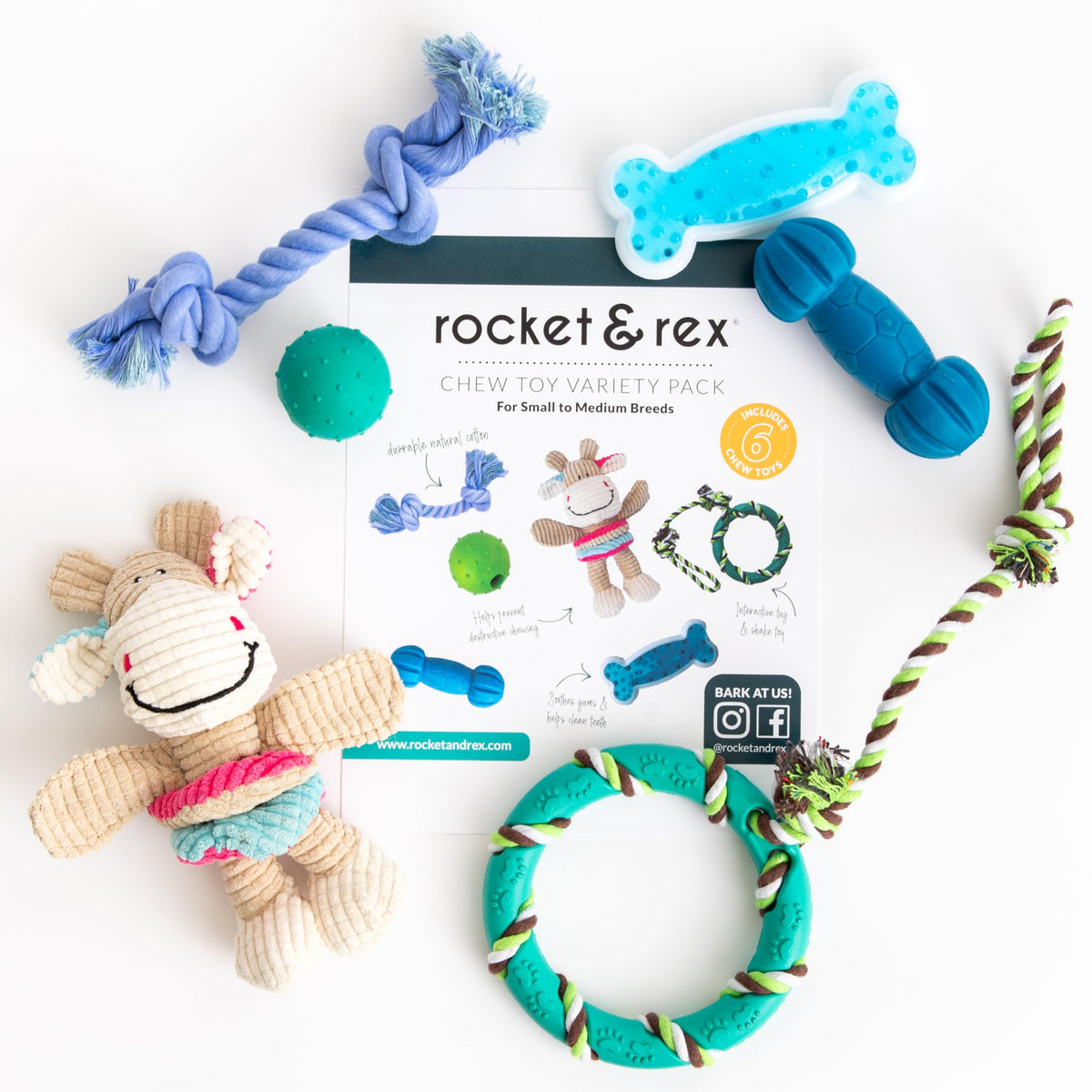 rocket & rex Dog Chew Toy Set for Small to Medium Breeds, Includes All Natural Rubber, Cotton, Ball & Rope Toys, Ideal Puppy Chew Toys for Teething, Reduces Destructive Chewing & Anxiety (Pack of 6)
