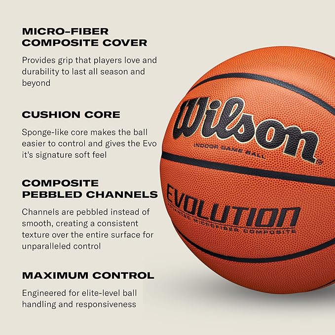 WILSON Evolution Indoor Game Basketballs - Size 5, Size 6 and Size 7