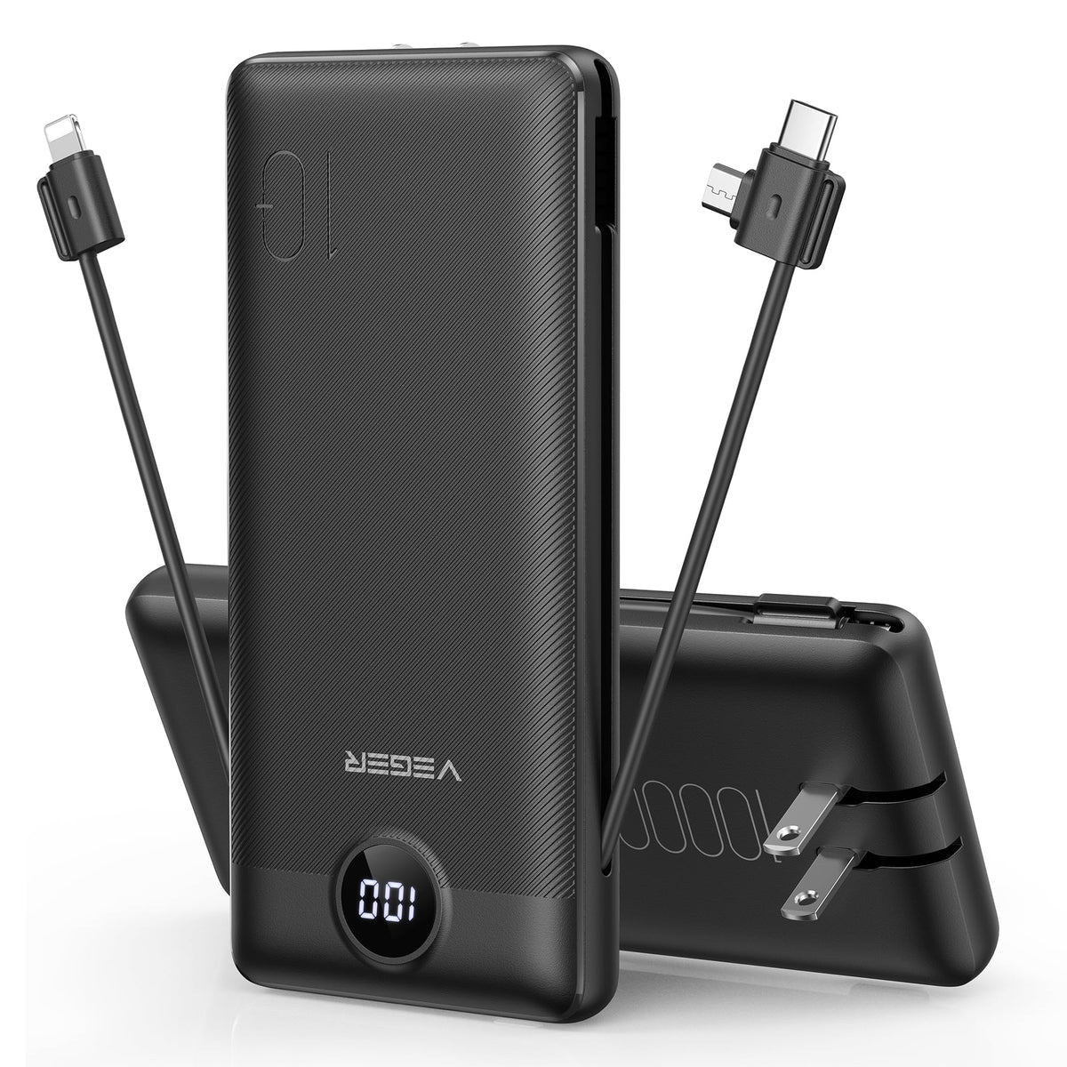 VEGER Portable Charger with Built-in AC Plug and Cables, All in One 10000mAh Ultra Slim Power Bank Travel Essentials, Fast Charging Battery Pack Compatible with iPhone, Samsung, Android (Black)