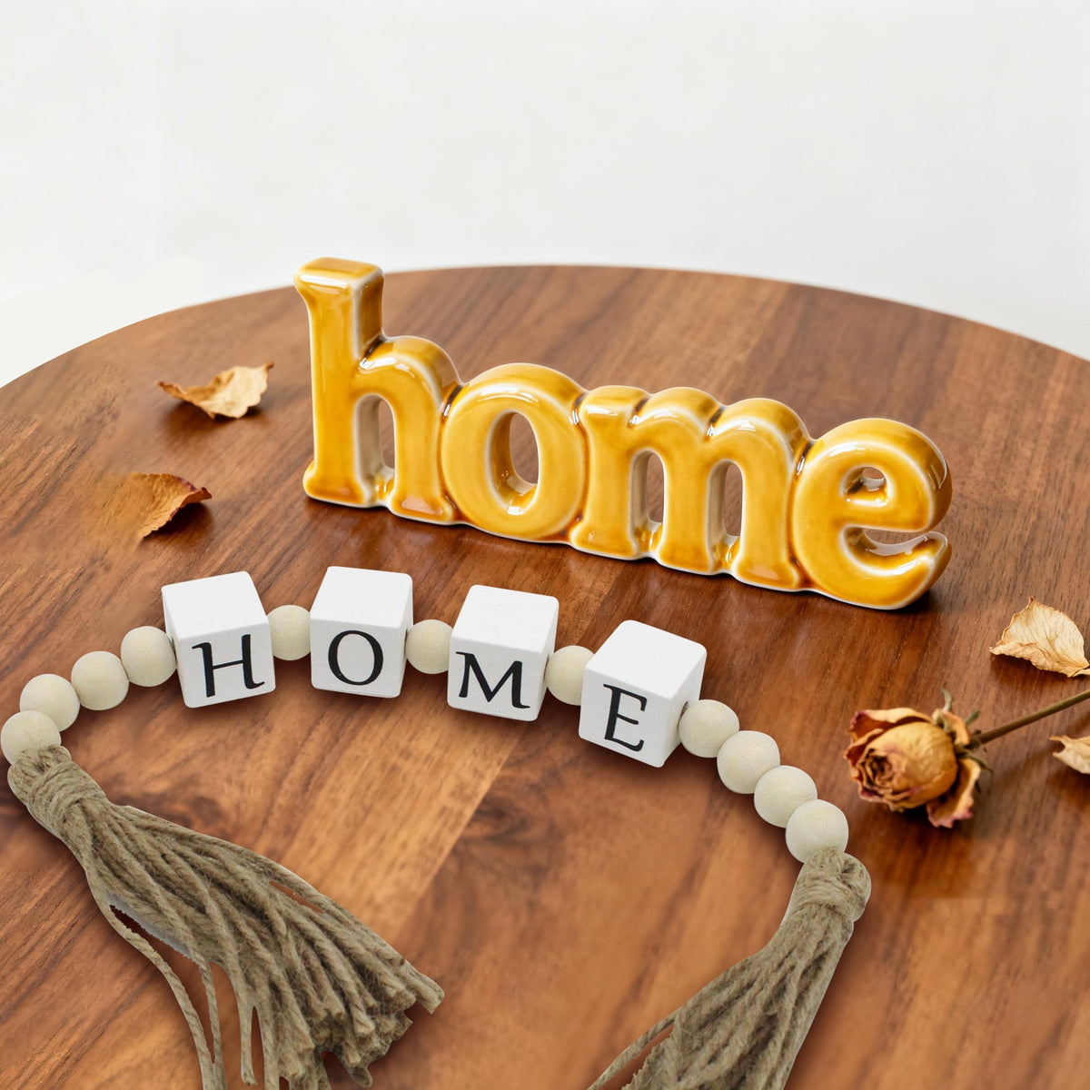 Home Letter Block Wood Bead with Tassels Farmhouse Home Decor, Boho Wooden Beads Modern Style Decoration New Home Housewarming Gifts for Living Room Tabletop Tiered Tray Mantel Shelf, 20''