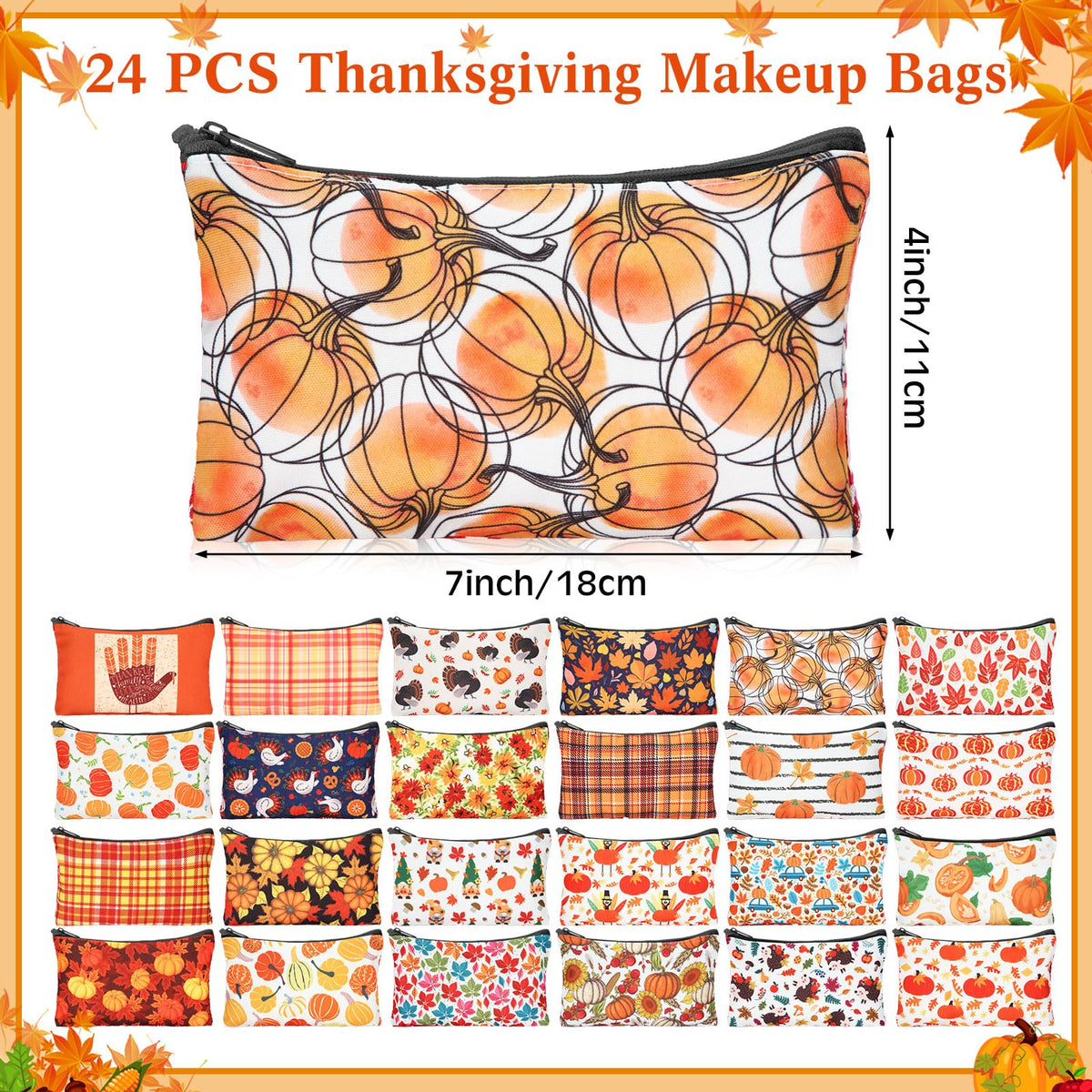 SilTriangle 24 Pieces Makeup Bags Bulk Canvas Cosmetic Bags Purse Organizer Zipper Cosmetic Pouch Portable Travel Toiletry Pouch for Women Men Gifts, 7 x 4 Inch (Thanksgiving)