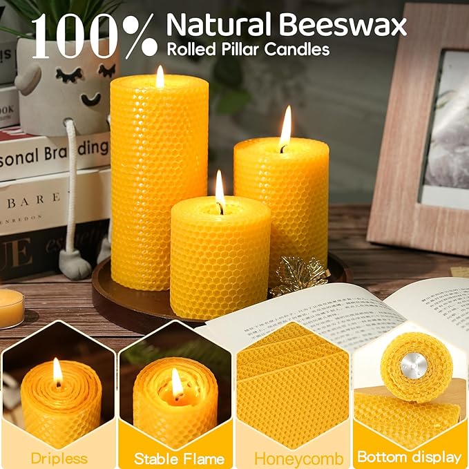 6 Pack Natural Beeswax Pillar Candles,2.8x4in Handmade Beeswax Rolled Candles,192 Hours Long Burning Honeycomb Bees Wax Candle for Gift & Home Decor,Dripless Smokeless Unscented