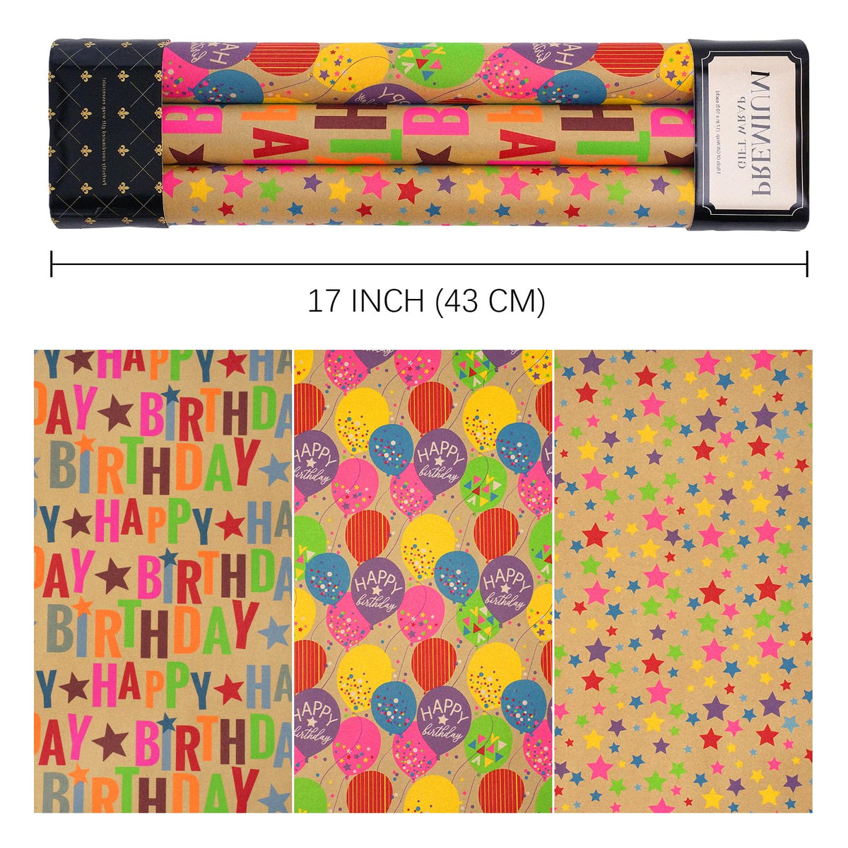 BIOBROWN Kraft Birthday Wrapping Paper - Mini Roll - 17 inch X 120 inch Per Roll - Colorful Text Happy Birthday Balloon Star Design for Party, Baby Shower, Holiday