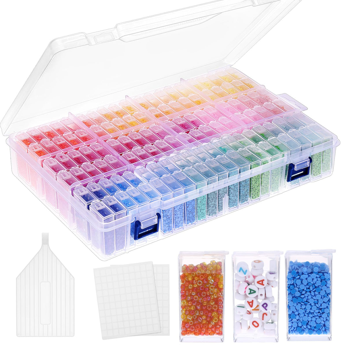 SGHUO 120 Slots Diamond Painting Storage Container, 5D Diamond Accessories Embroidery Box Tools Kit for Beads, Seed, Art Craft with Funnel and Labels