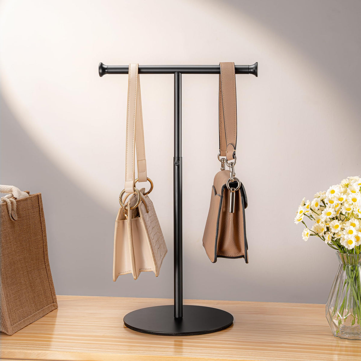 niffgaff 2 Pack 15‘’-24‘’ T Bar Purse Display Stand Tabletop: Adjustable Height Handbag Holder, Countertop Hanging Rack for Long Necklace Scarf Lanyard, Black