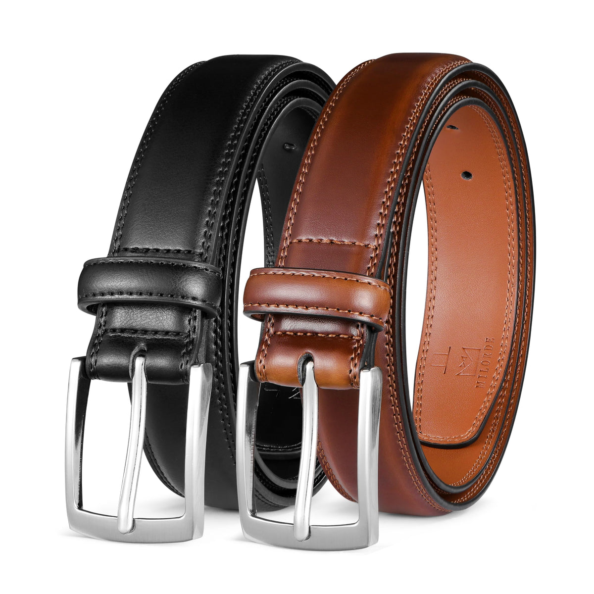 MILORDE Men's Leather Dress Belt 2Pack, Handmade, 100% Cow Leather, Fashion & Classic Designs for Work Business and Casual (2pack-Black101/Brown103,36)