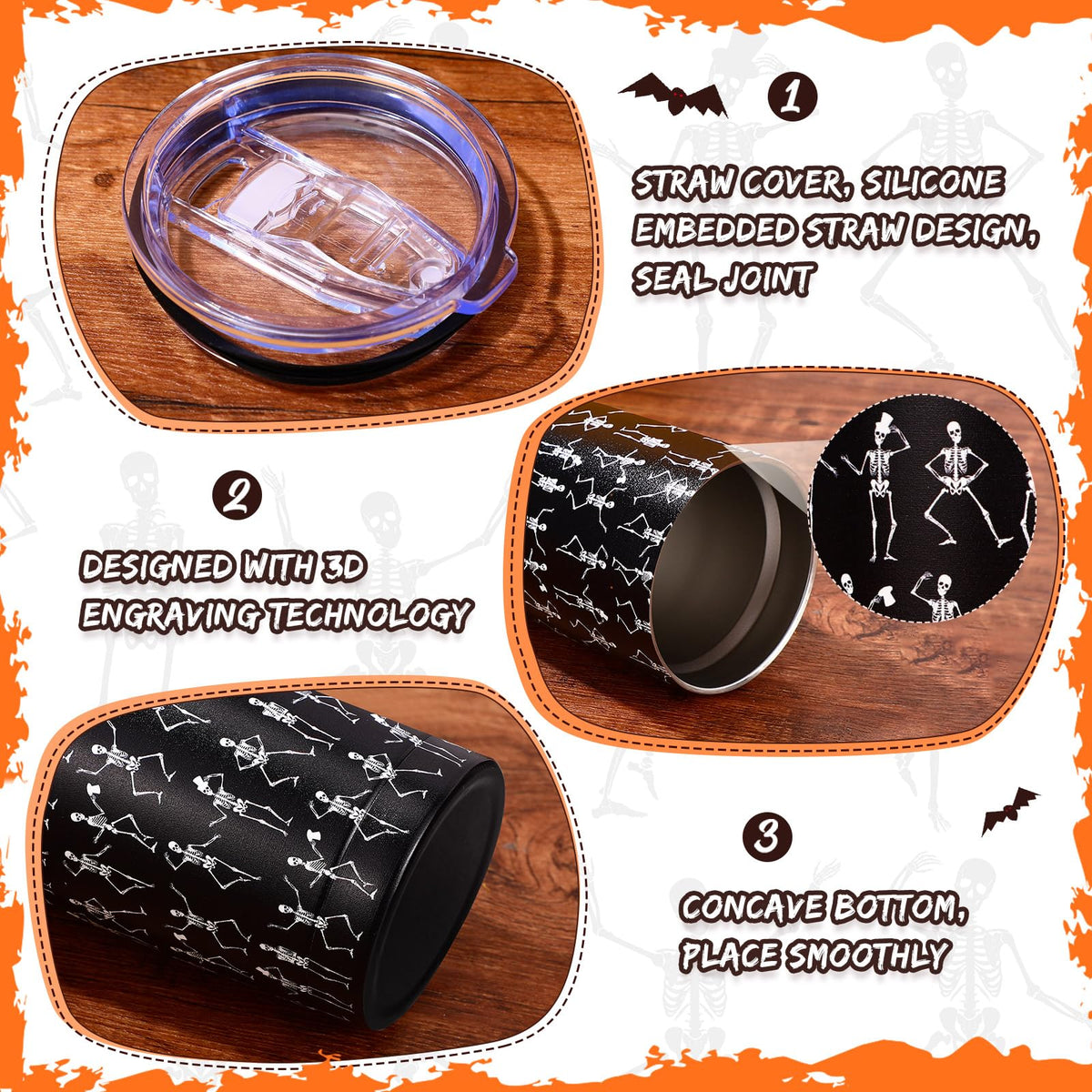 Geiserailie Halloween Goth Gifts Set Dancing Skeleton Insulated Tumbler with Lid and Straw Skull Makeup Bag and Skeleton Crew Socks Unisex Dress Socks Gift for Halloween Party, Friends, Sister, Mom