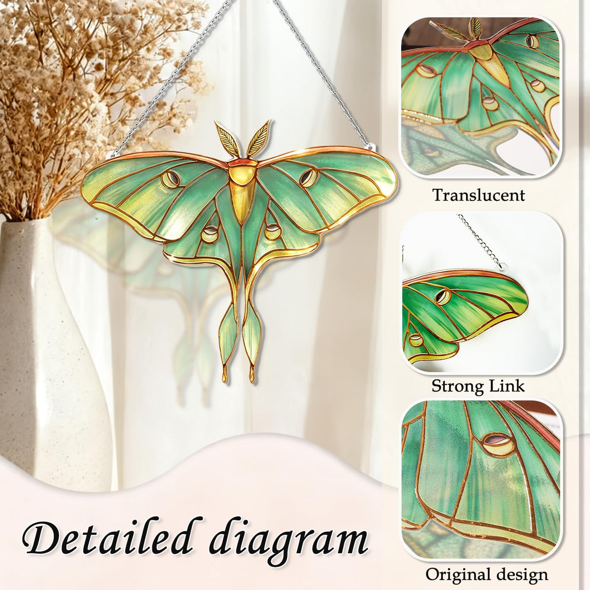 Stained Glass Window Hanging, Luna Moth Suncatcher for Window Decor, Gift for Women Mom Grandma and Art Lover, Ideal Gifts, Elegant Home Decor 5.8x7.3 Inch, Garden, Patio