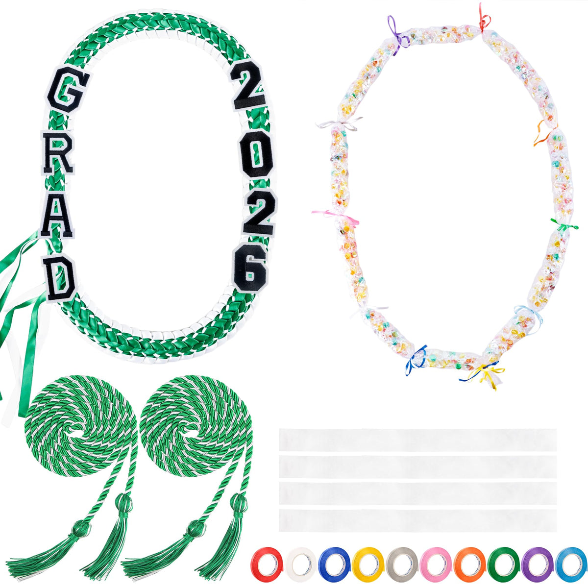 Flahard 17 Pcs Graduation Ribbon Lei Graduation Candy Lei Kit with Honor Cord Graduation Gifts Party Supply Women and Men (Green with White)