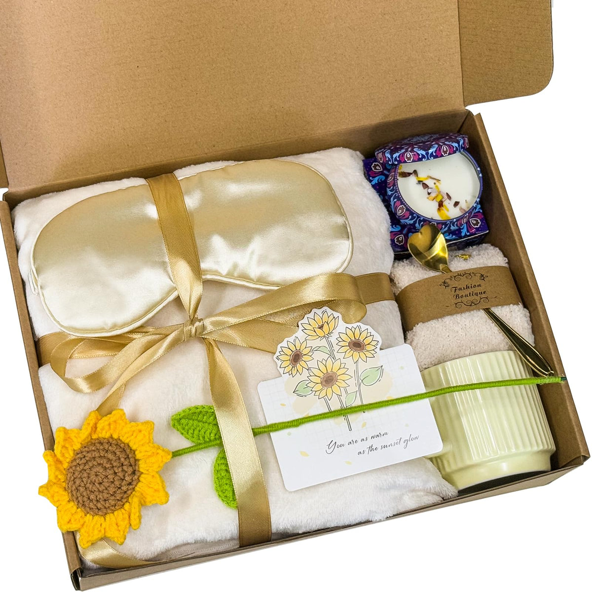 Sunflower Gift Baskets for Women, Self Care Package with Wearable Blanket, Socks, Candle, Mug & Greeting Card - Birthday, Get Well, Thinking of You Gifts for Mom Wife Best Friend - Beige