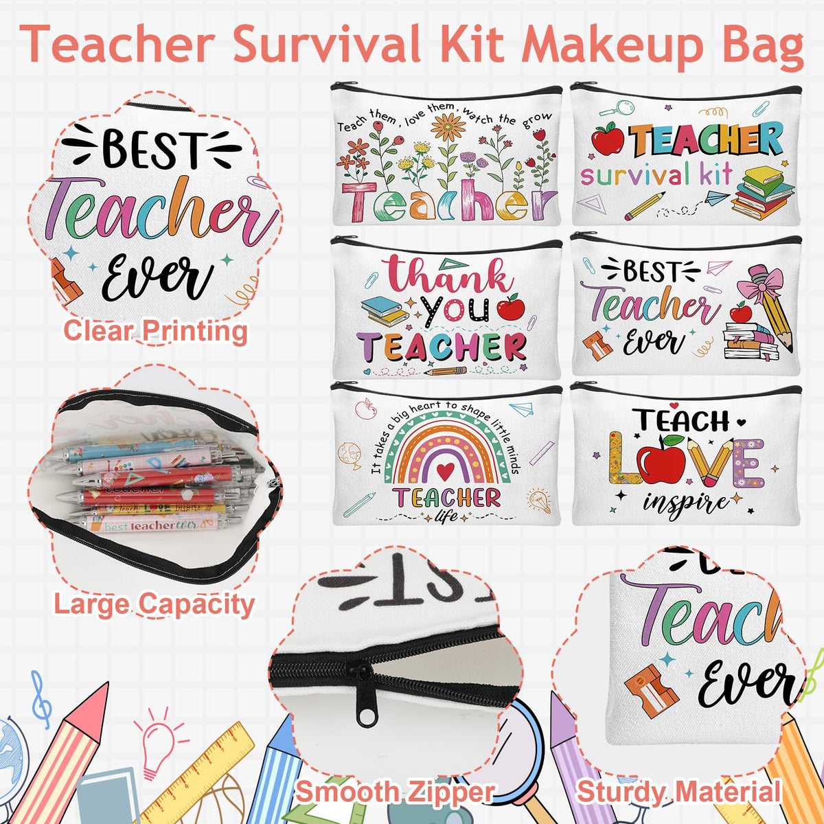 Lebsitey 48 Pcs Teacher Appreciation Gifts In Bulk Teacher Survival Kit Makeup Bags,Sticky Notepads and Pens Thank You Gifts for Coworker Employee Teacher’s Day Office Supplies