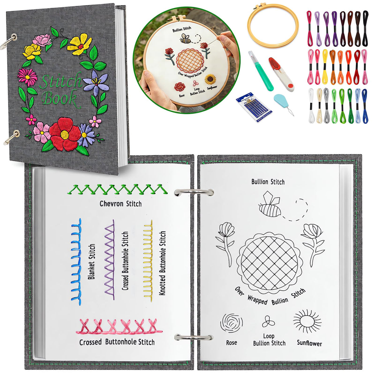 2026 Upgraded Embroidery Stitch Book Kit, 106 Patterns DIY Book Embroidery Kit with Full Tools and Tutorial, Portable All-in-One Hand Beginner Embroidery Book for Adults & DIY Craft Lovers