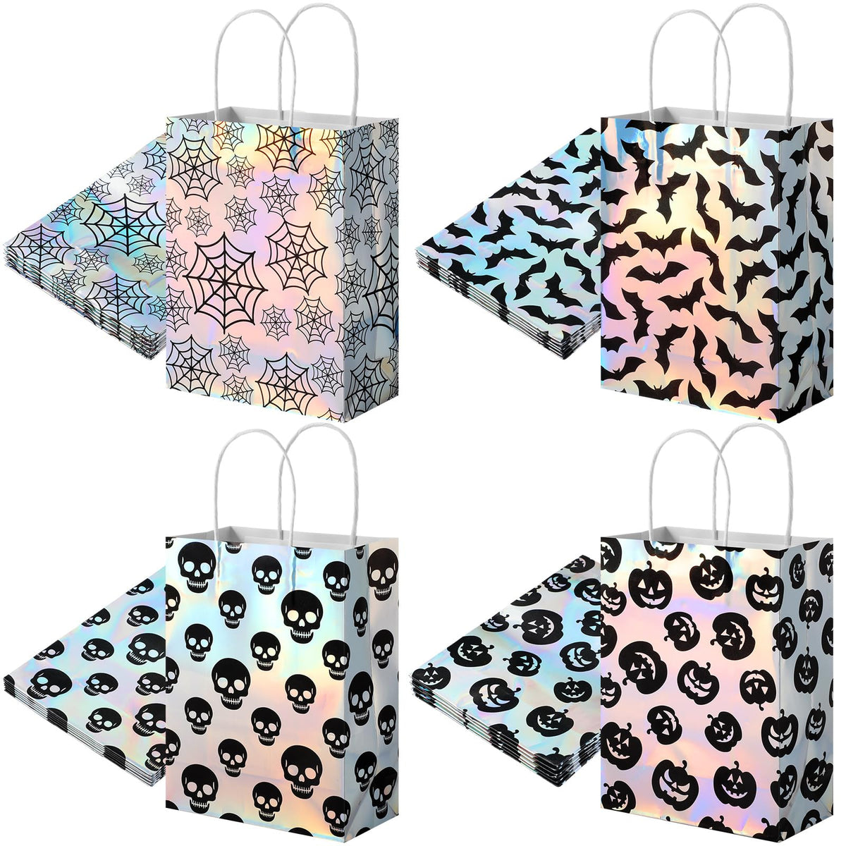 Paterr 24 Pcs Iridescent Halloween Paper Bags Holographic Bat Pumkin Skeletons Pumpkins Spider Webs Trick or Treat Reusable Gift Bags for Halloween Party Supplies Favors(Classic Patterns)