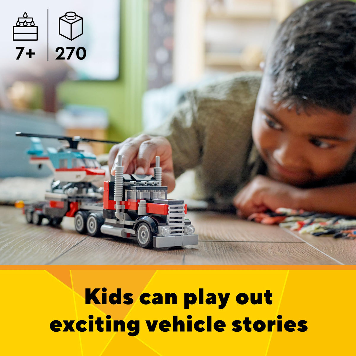 LEGO Creator 3 in 1 Flatbed Truck with Helicopter Toy, Transforms from Flatbed Truck Toy to Propeller Plane to Hot Rod and SUV Cars, Gift Idea for Boys and Girls Ages 7 Years Old and Up, 31146
