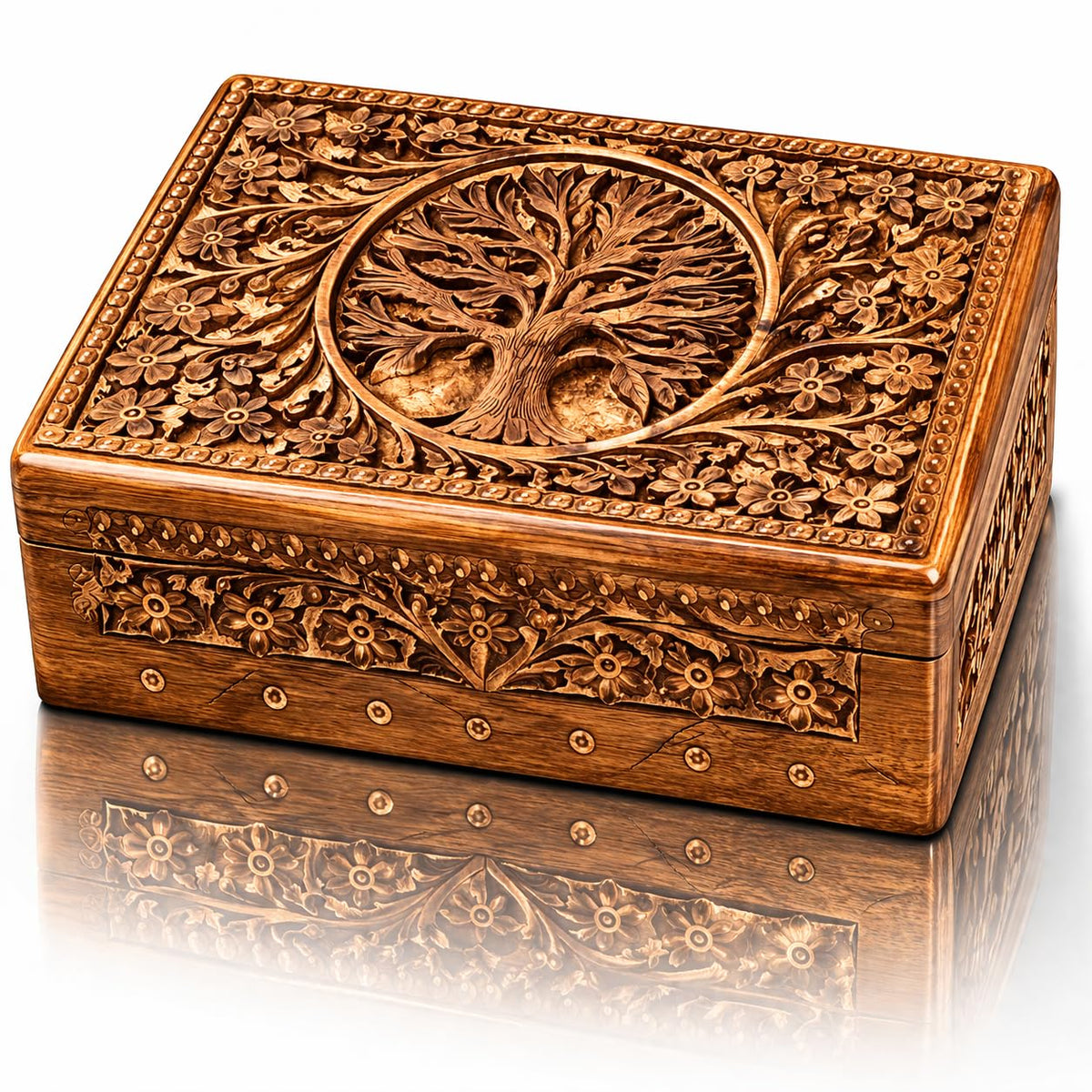 Great Birthday Gift Handmade Decorative Wooden Jewelry Box With Tree Of Life Carving Jewelry Organizer Keepsake Box Treasure Chest Trinket Holder Watch Box Storage Box Housewarming Gifts (Natural)