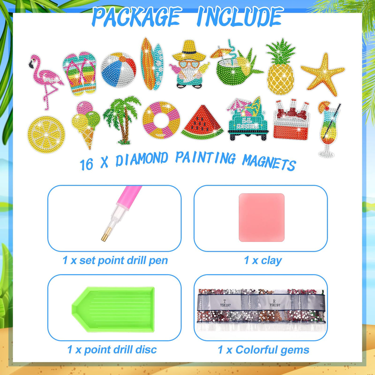 Xuhal 16 Pcs Summer Beach Diamond Painting Fridge Magnets Kit Tropical Hawaiian Diamond Art Magnets for Refrigerator Flamingos Beach DIY Fridge Magnetic Sticker for Adults Crafts Home Decor Gifts