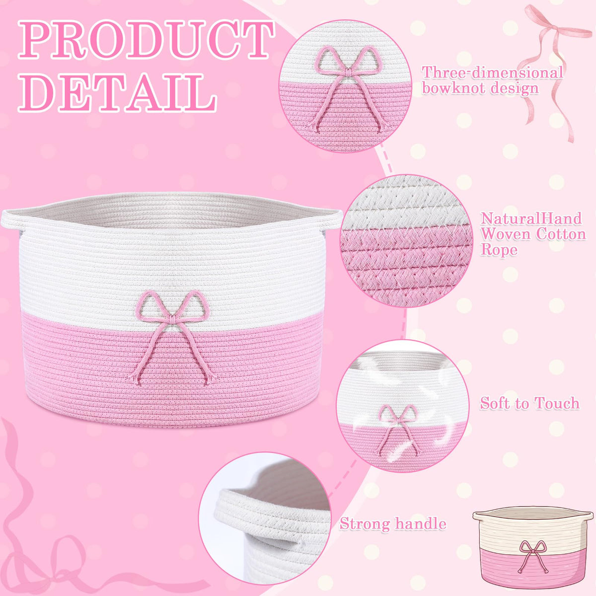 Breling 70L Pink Bow Extra Large Cotton Rope Basket 21" x 14", Woven Baby Laundry Blanket Basket Box with Handle Storage, Blanket Storage for Living Nursery Pillows Laundry Baby Toy Chest