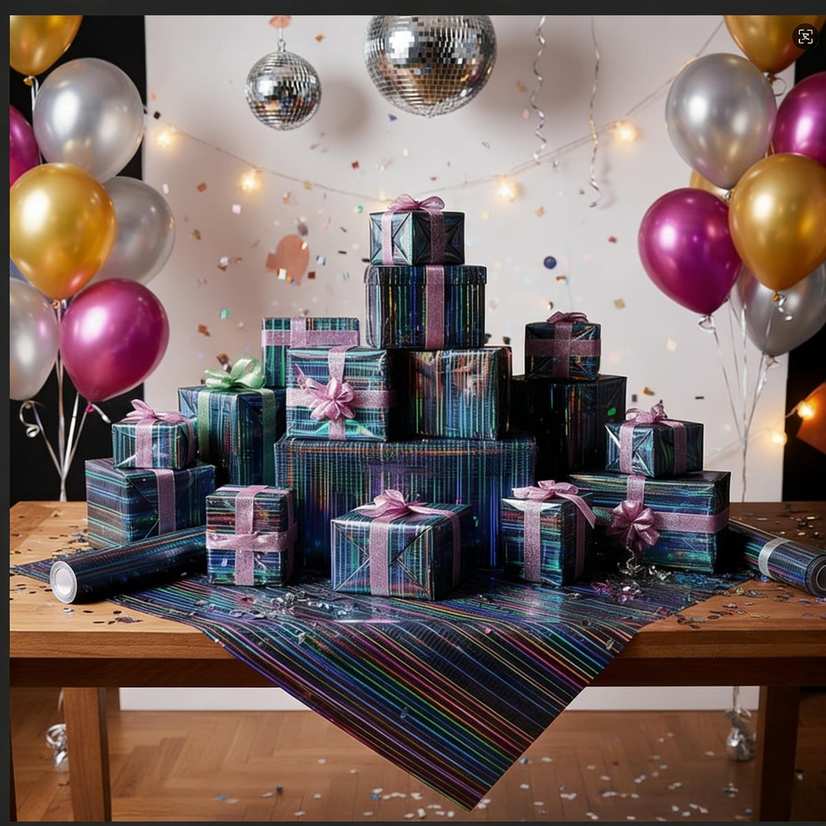 komforbaa Black Gift Wrapping Paper, Metallic Iridescent Holographic Gift Wrap with Rainbow Grid Design, for Birthday, Graduation, Holiday, Party, Wedding, Father's Day, 17InX 33 Ft (43cm×10m)