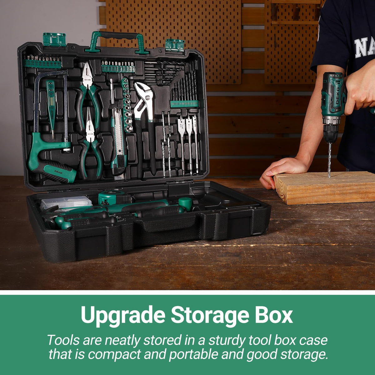 Green Drill Tool Kit Set: 20V Cordless Power Drill Tool Box with Battery Electric Drill Driver for Men Home Hand Repair Basic Toolbox Tools Sets Drills Case