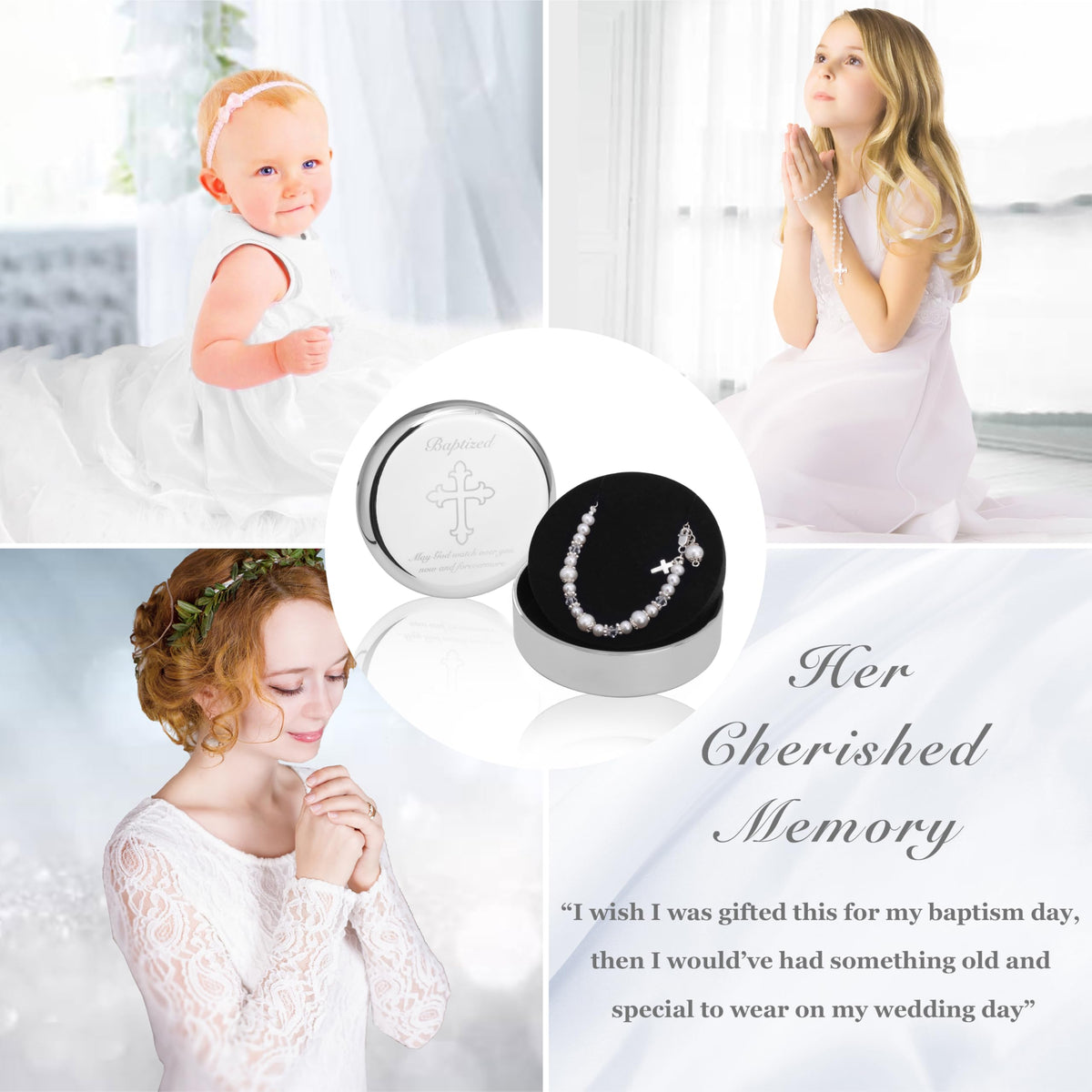 Tryuunion Baptism Bracelet in Sterling Silver and Cultured Pearls for Baby Girls, with Silver-plated Jewelry Keepsake Box, Great Catholic Christening and Baptism Gifts for Girl