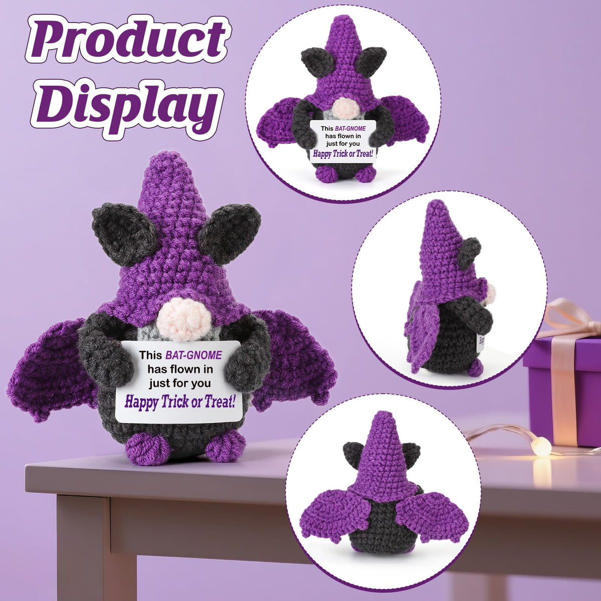 Weming Halloween Treats Non Candy, Crochet Purple Bat Gnome with Greetings, Halloween Toy Gifts, Goodie Bag Stuffers in Treat Bag & Boo Basket
