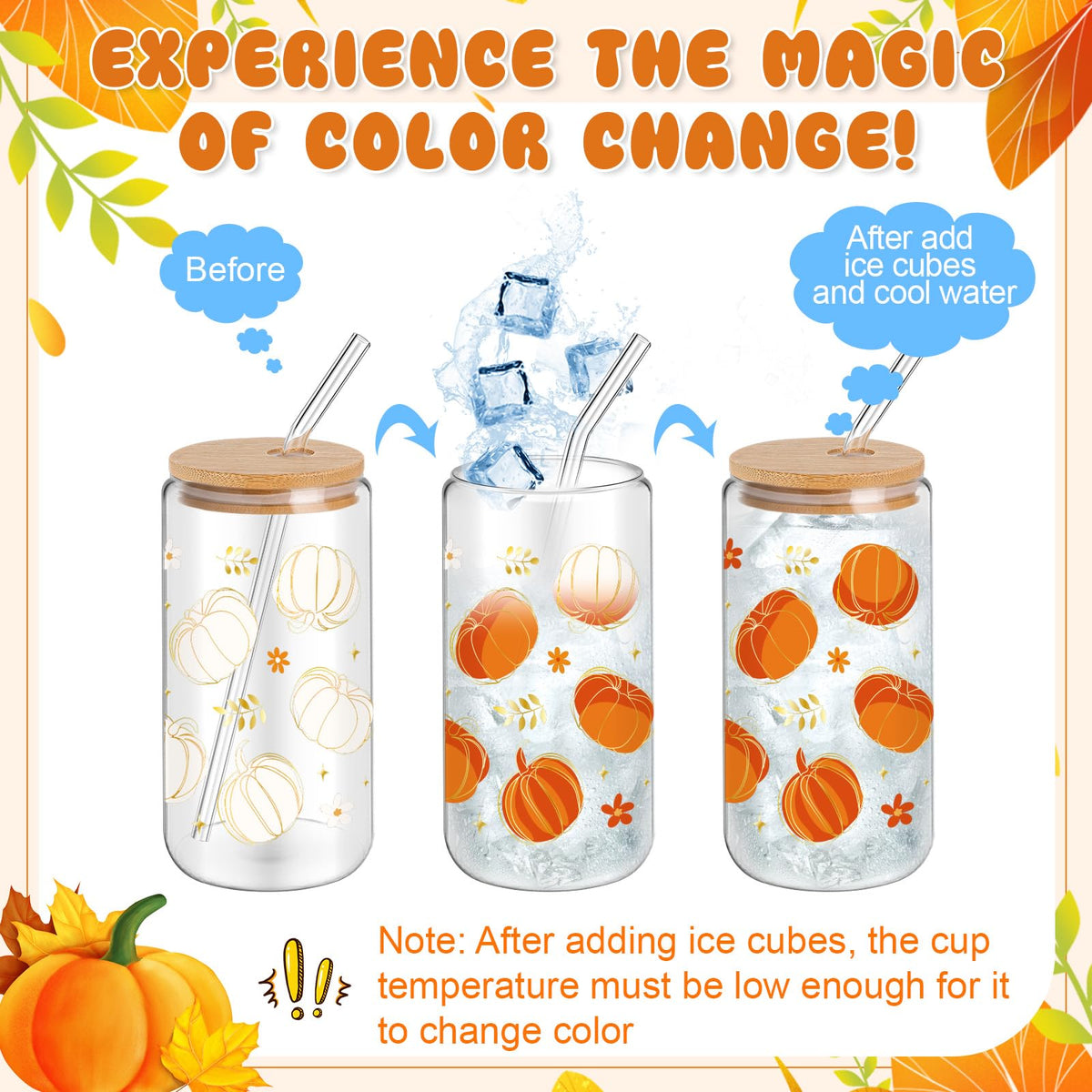 Yetene 12 Pcs Thanksgiving Fall Glass Cups Gifts 16 oz Color Changing Pumpkin Glass Tumblers with Lids Straws Brushes Funny Fall Pumpkin Iced Coffee Cups for Autumn Halloween Party Gifts Supplies