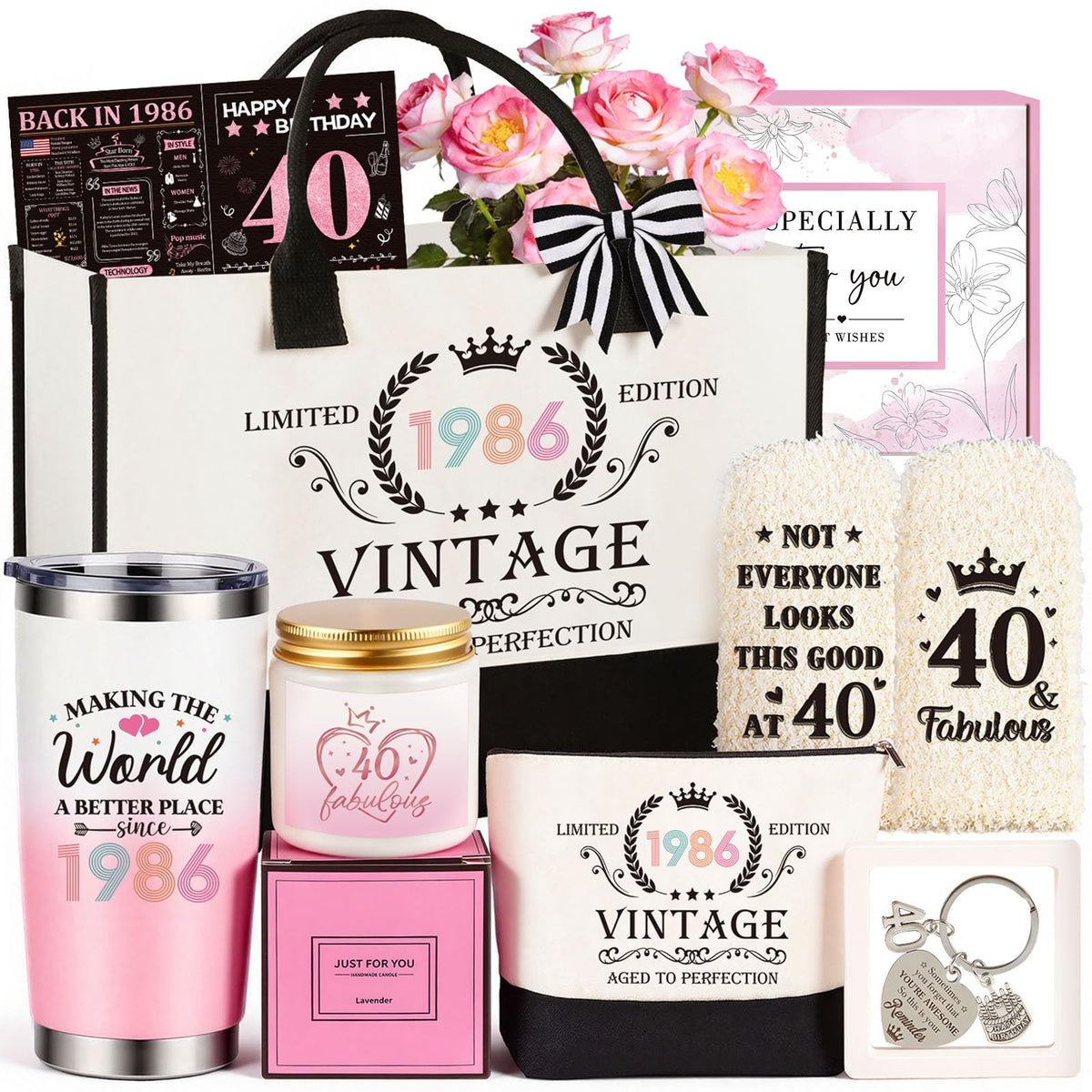 40th Birthday Gifts Women, Vintage 1986 Happy 40th Birthday Gifts Basket for Women Unique Gift Ideas for 40 Year Old Woman, Mom, Wife, Girlfriend, Sister, Friend, Funny Bthday Gift Turning 40 Year Old