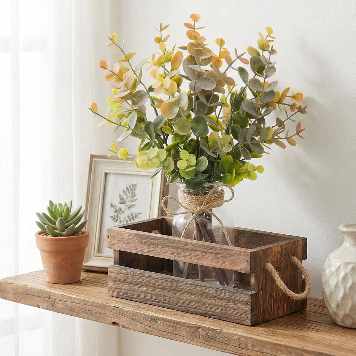 Fawairyc Artificial Eucalyptus Stems in Glass Vase with Faux Water,Combined with Wood Tray Centerpiece Table Decoration,11" Fake Plant with Orange-Green Leaves for Home Decor