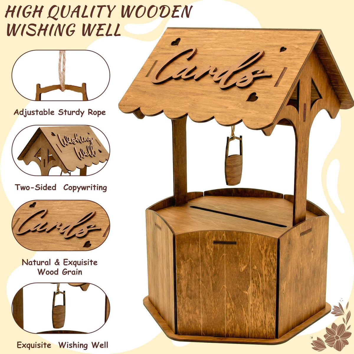 OurWarm Brown Wood Wishing Well Wedding Card Box for Reception, Rustic Wooden Boxes Money Gift Card Box for Party Wedding Decorations Birthday & Baby Shower Decor