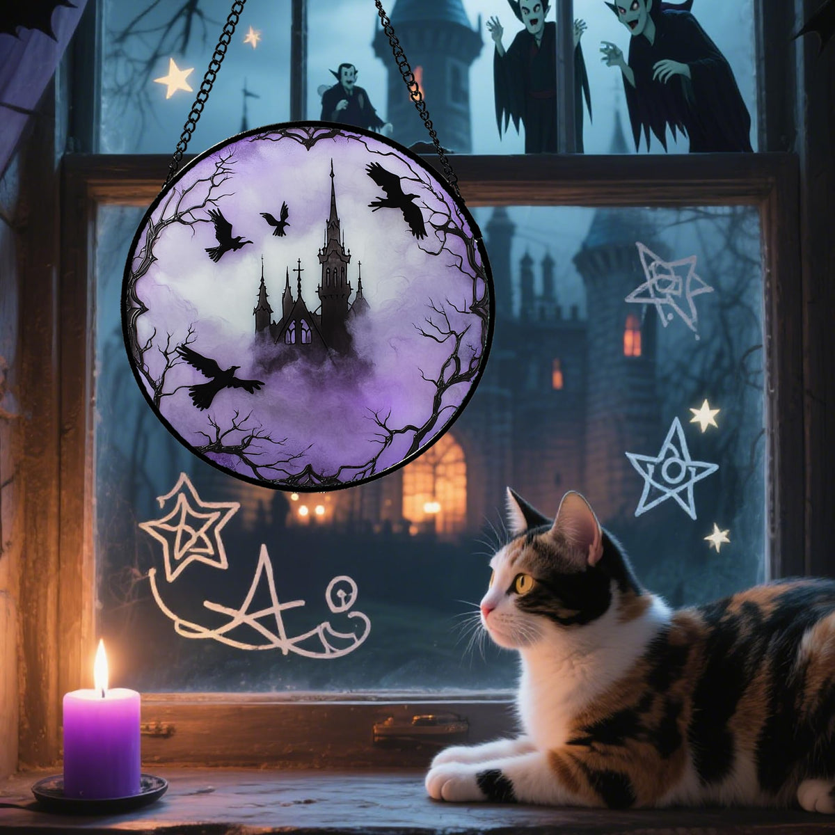 CRISGIF Stained Glass Window Hanging - Halloween Gothic Castle Purple Smoke Suncatcher for Doors Garden Home Spooky Crow Sun Catchers Gothic Decor Horror Gift for Women Men Friend Boy Girl 9.8 in