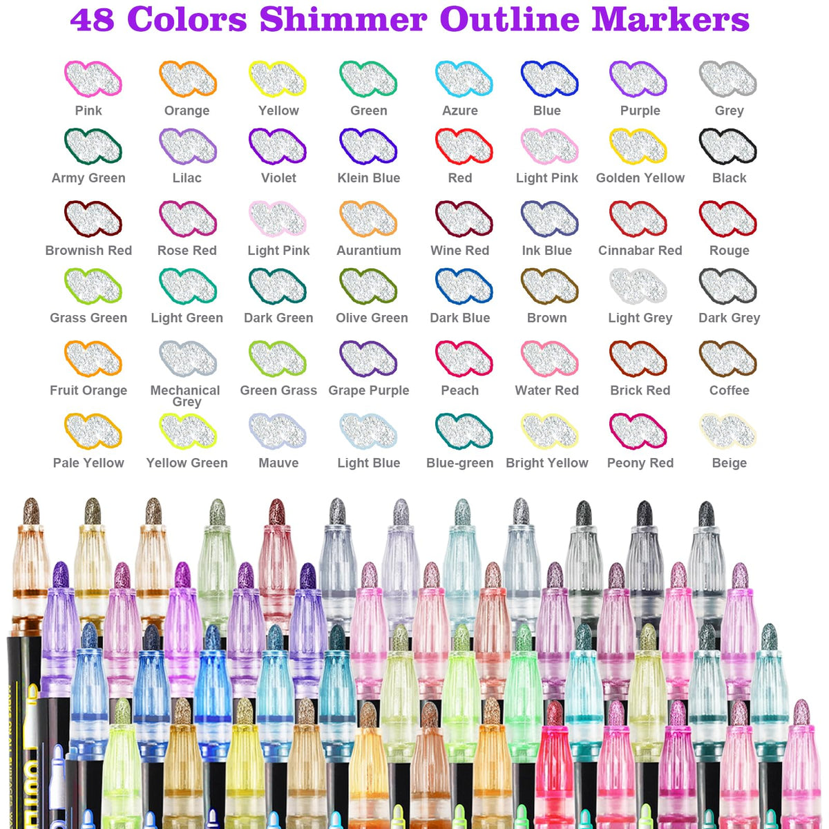 Glitter Markers Outline Pens Metallic: 48 Double Line Outline Markers,Self Outlining Glitter Pens Adult Coloring Gel Sparkle Outliner Shimmer,Teen Gifts Drawing Art Supplies Craft Cool Fun Magic Stuff